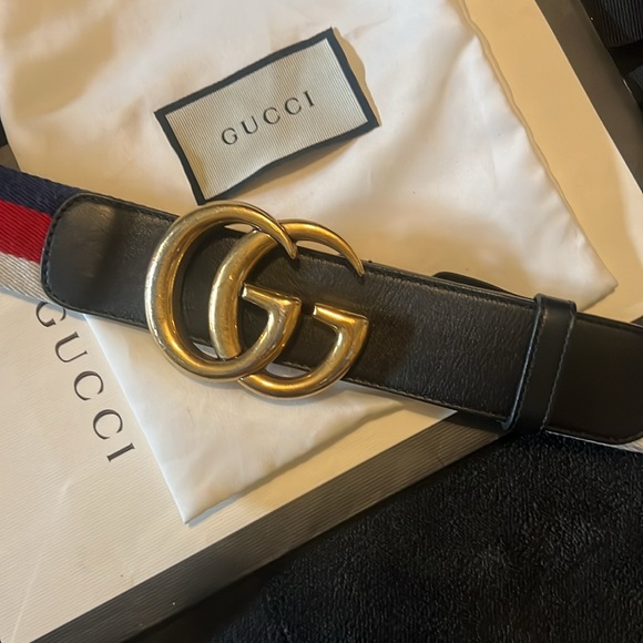 Authentic Gucci Web Canvas (Red/White/Navy) & Leather (Black) w/Gold GG Belt - Picture 4 of 4